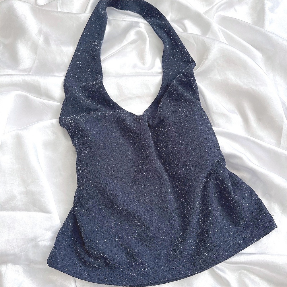 Wet Seal Navy Blue Silver Metallic Glitter Halter Top V-Neck Y2K Sparkle Large